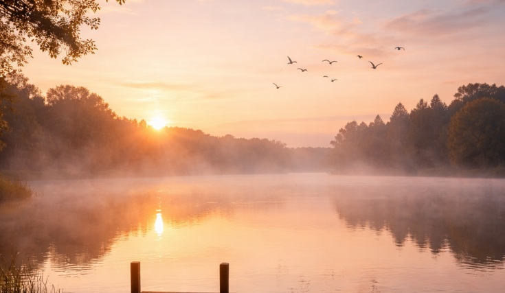 sunrise over a calm lake with gentle morning mist rising from the water in Independence