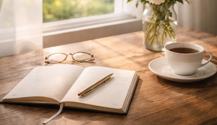 planning moment at a wooden table near a large window with soft natural light in Overland Park