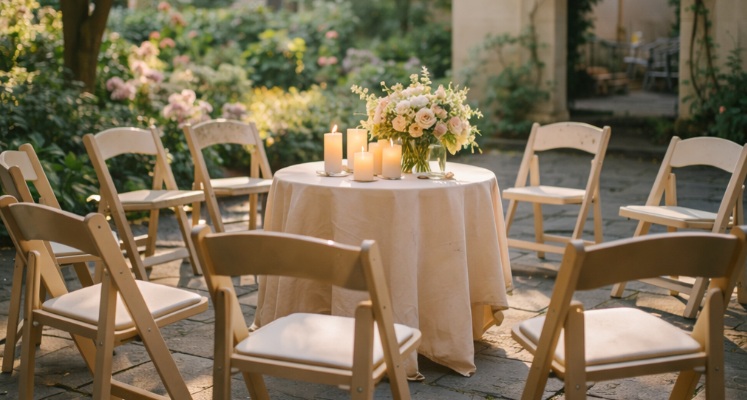 quiet memorial gathering scene in a bright garden courtyard in Overland Park