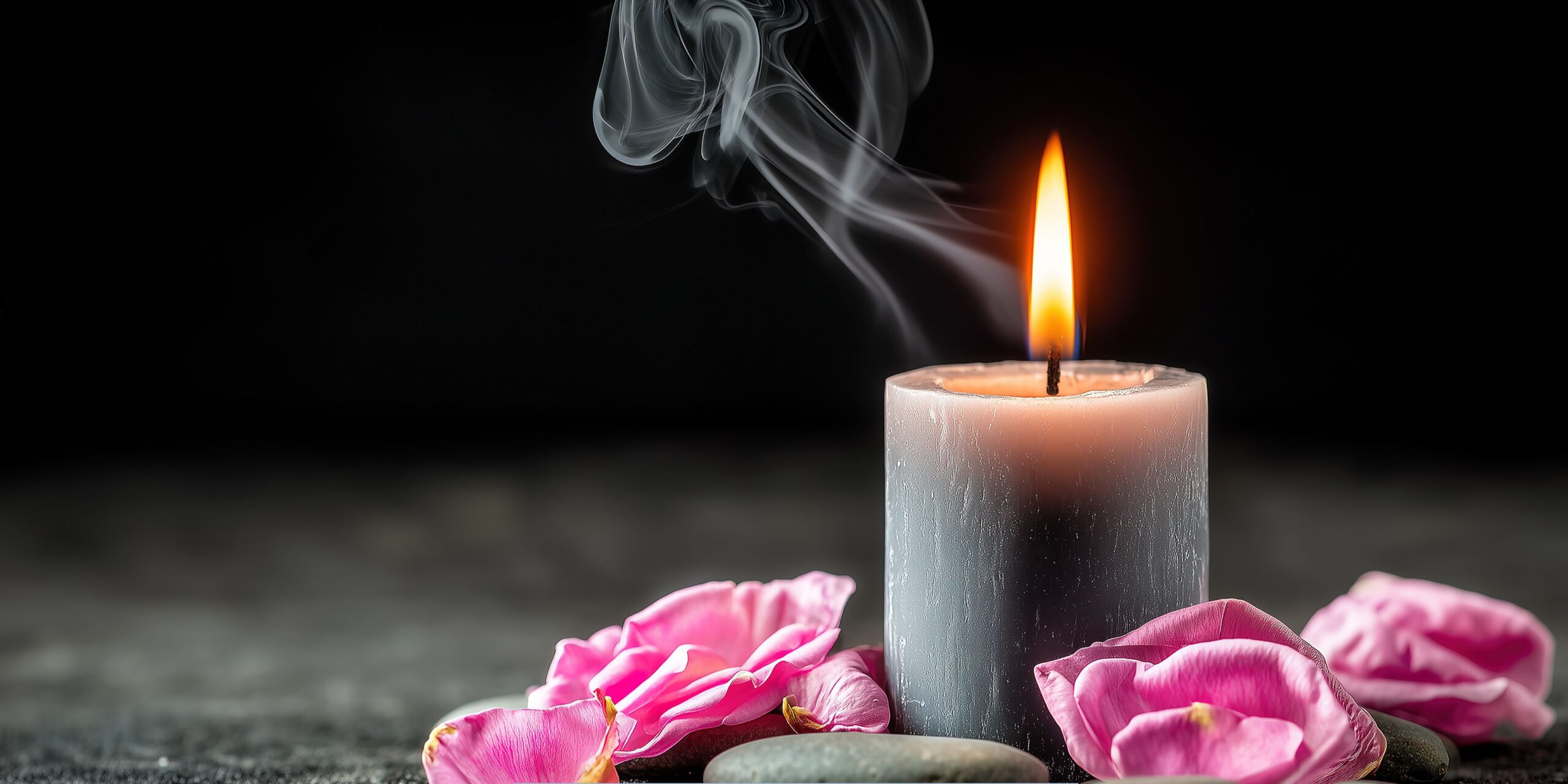 Lit memorial candle with soft smoke and pink rose petals, representing services at funeral homes and cremation in Blue-Springs, MO.