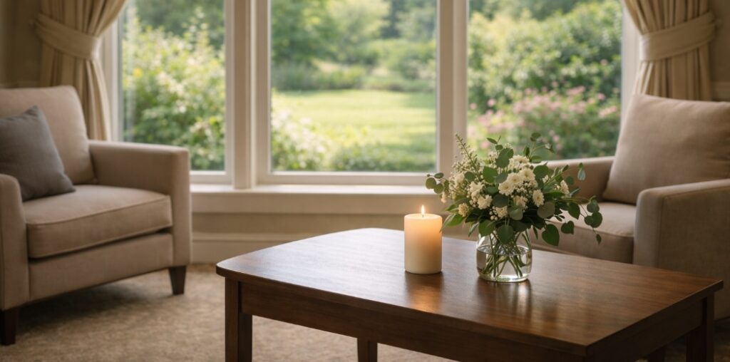 Calm sunlit room with candle and greenery representing cremation services Kansas City, MO