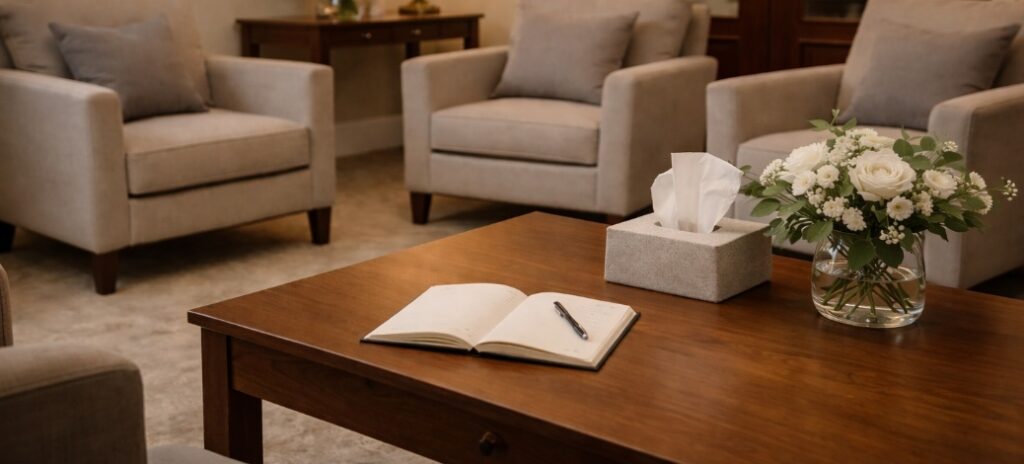 Warm and welcoming consultation room inside funeral homes Blue Springs, MO with chairs, wooden table, and soft lighting.