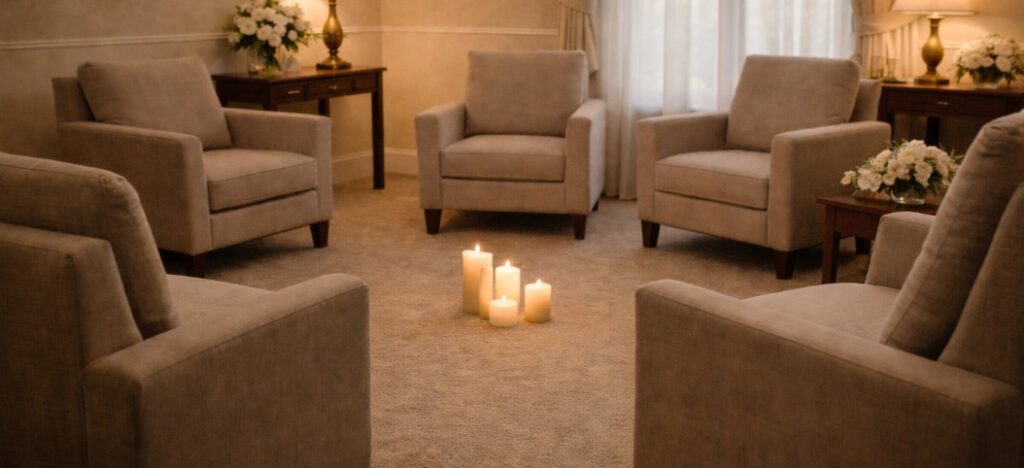 Peaceful private memorial room with chairs and candlelight representing cremation services Blue Springs, MO