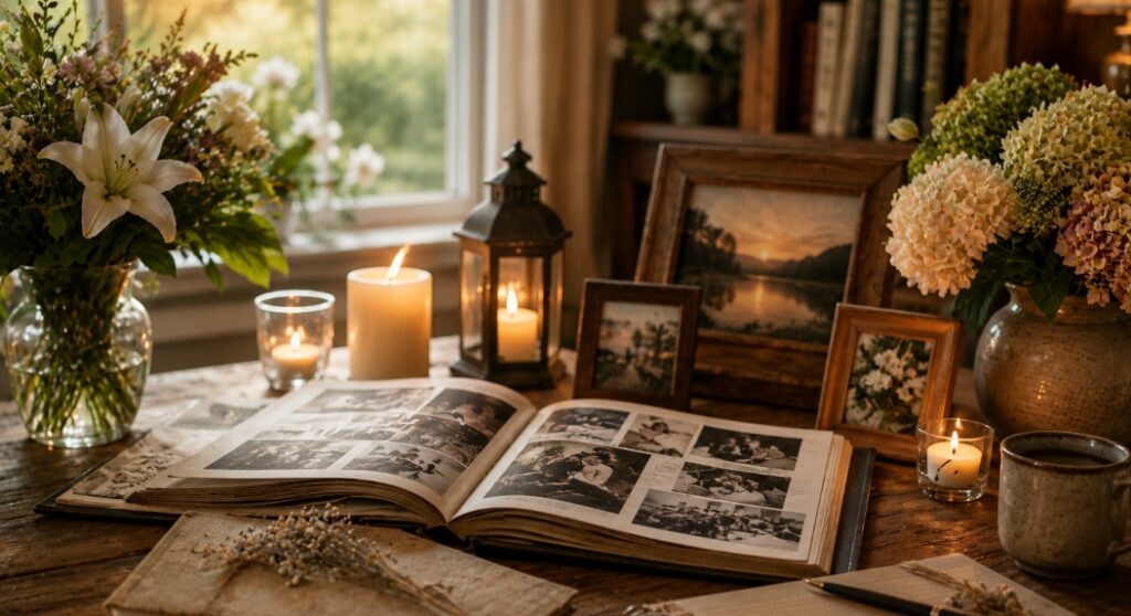 Peaceful memorial photo display and candles for a funeral service in Independence, MO