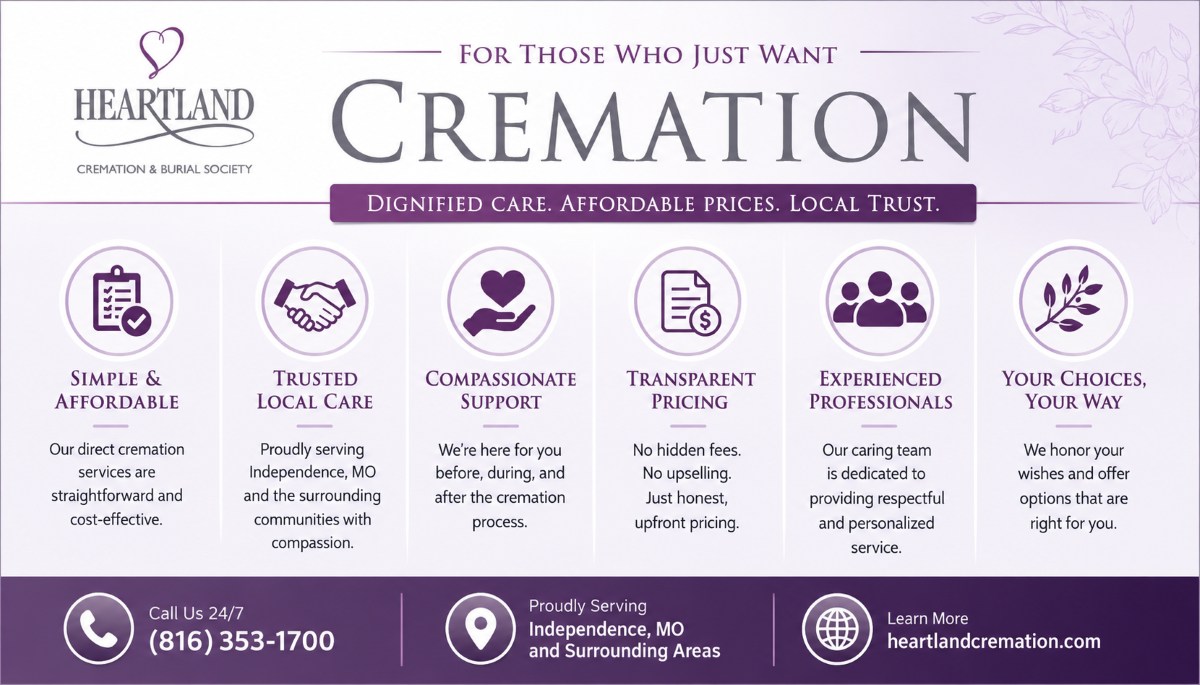 Heartland Cremation highlighting affordable cremation services in Independence, MO, featuring local care, transparent pricing, support, and 24/7 assistance.
