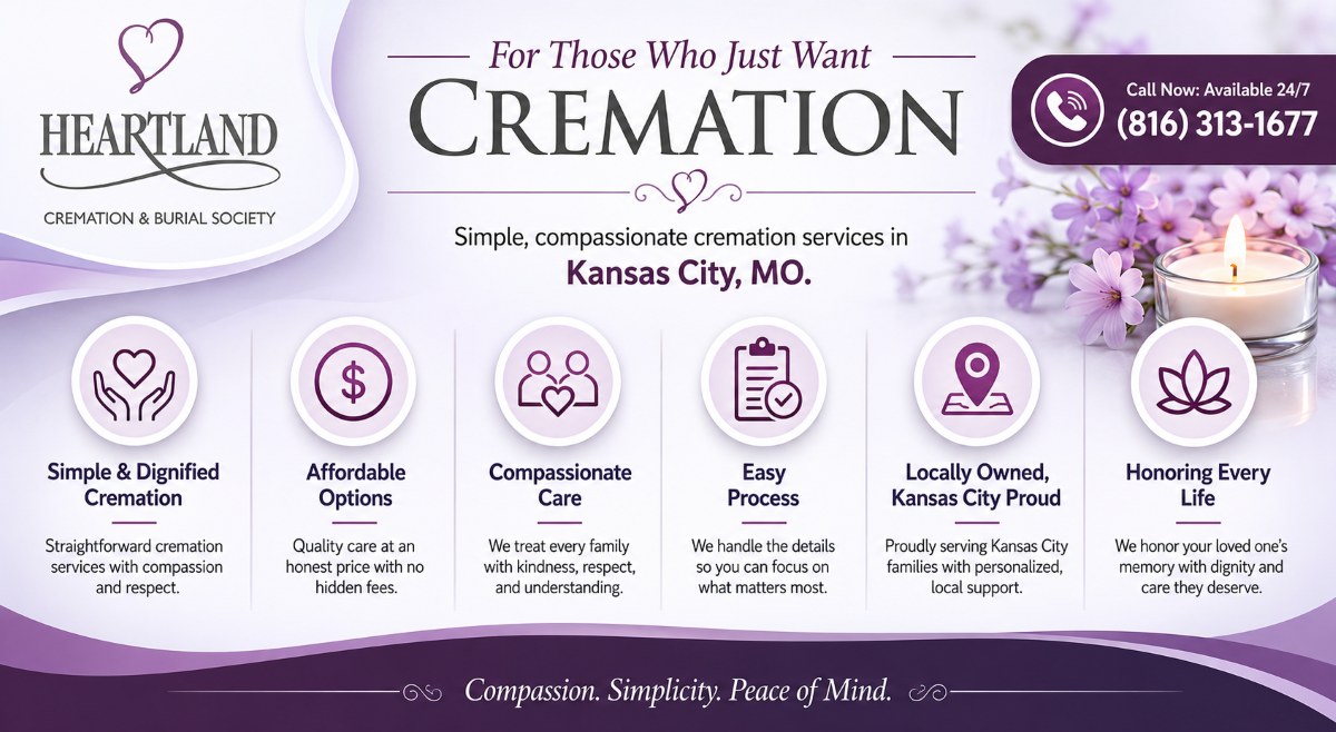 Heartland Cremation & Burial Society highlighting simple and dignified cremation services, affordable options, compassionate care, an easy process, locally owned support, and honoring every life in Kansas City, MO.