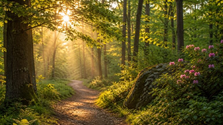 Peaceful forest path at sunrise near funeral homes Blue Springs, MO