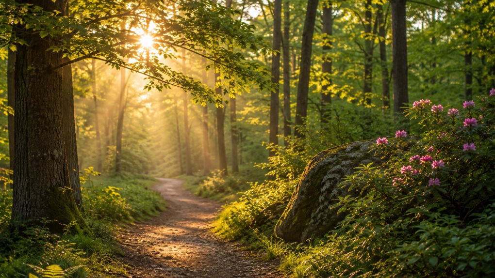 Peaceful forest path at sunrise near funeral homes Blue Springs, MO
