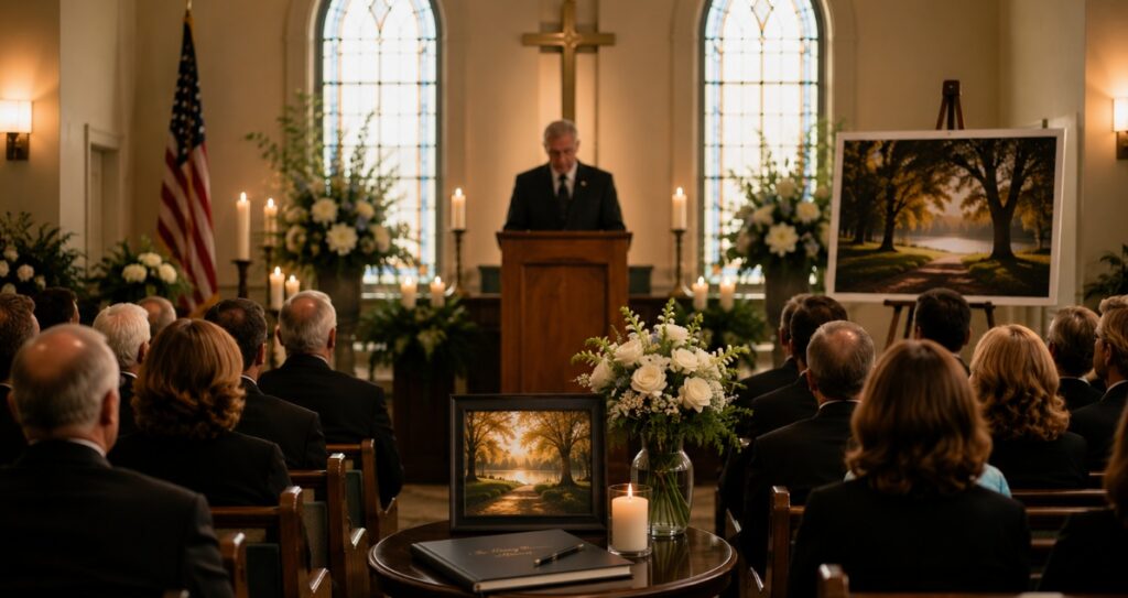 Families gathering for a traditional funeral service at a funeral home in Independence, MO.