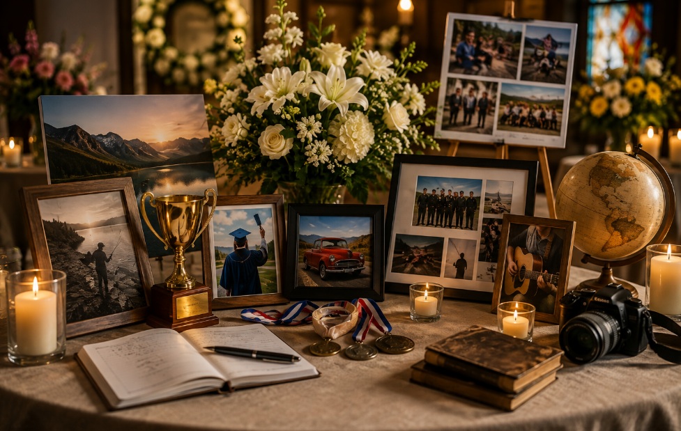 Personalized tribute display reflecting life achievements at funeral homes Blue Springs, MO.